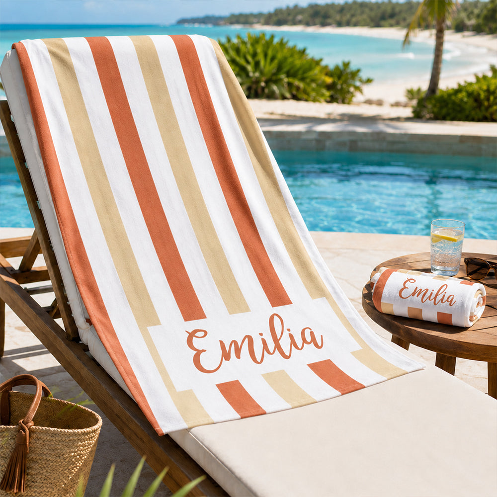 Personalized Striped Beach Towel Custom Name Cabana Stripe Pool Towel  Summer Vacation Gifts
