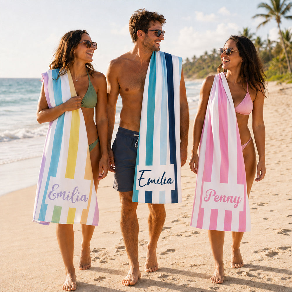 Personalized Striped Beach Towel Custom Name Cabana Stripe Pool Towel  Summer Vacation Gifts