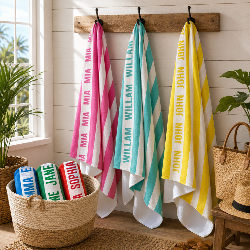 Personalized Striped Beach Towel Custom Name Soft and Absorbent Microfiber Pool Towel Summer Gift for Women Men and Kids