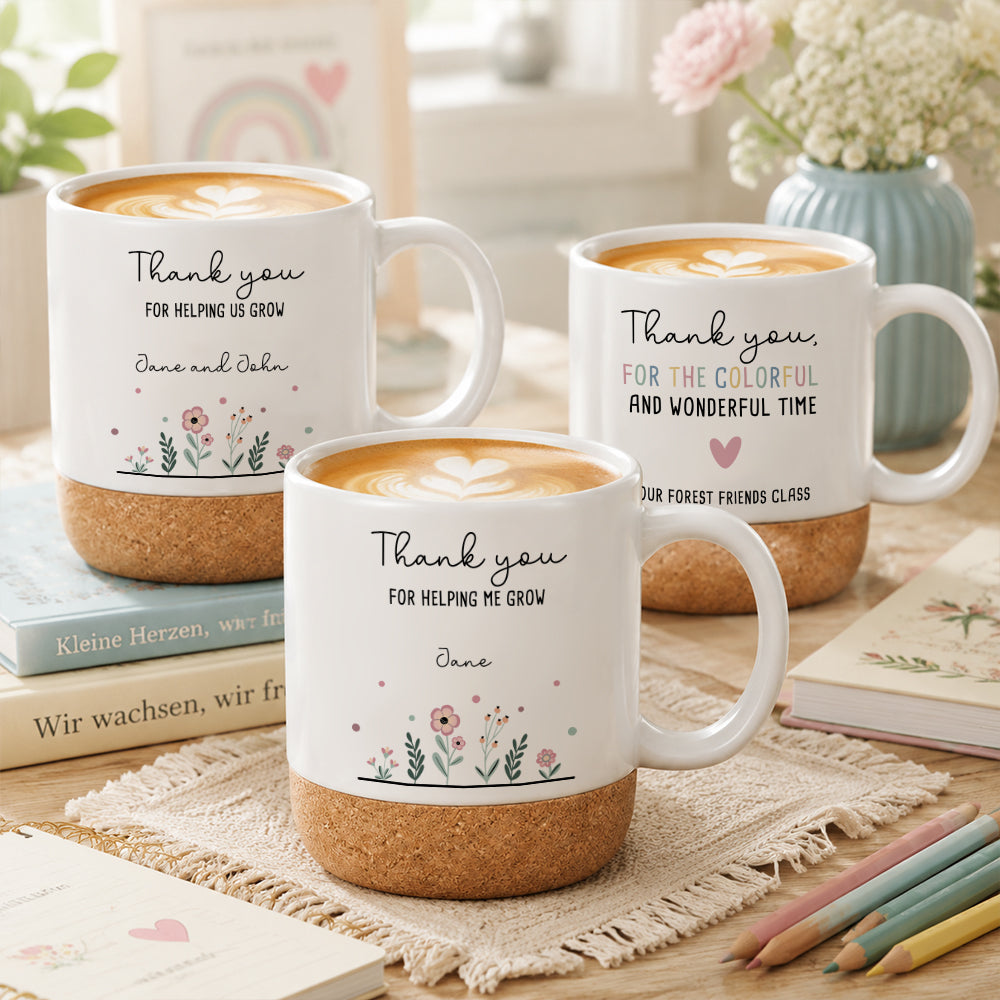 Personalized Theme Cork Base Mug Custom Name Teacher Appreciation Thank You Gift with Beech Wood Tray Set