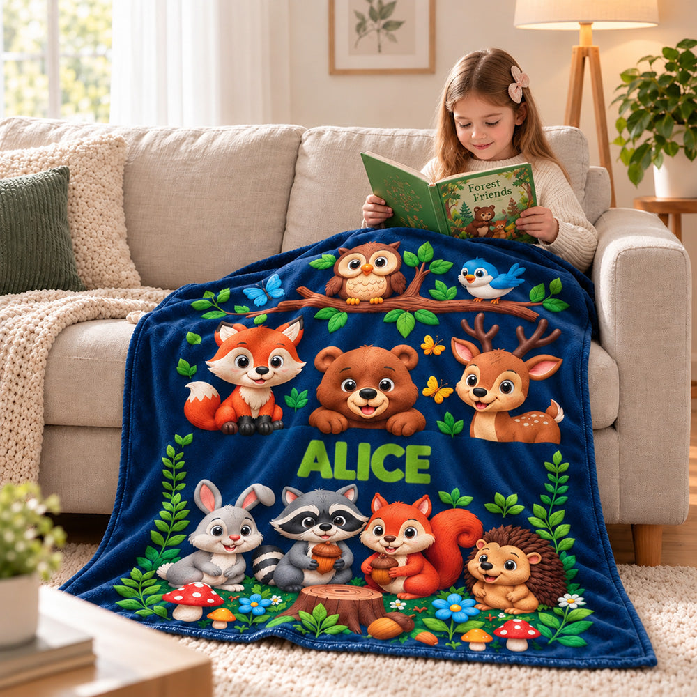 Personalized Whimsical Cartoon &amp; Animal Themes Blanket Custom Name Soft Throw Blanket for Kids