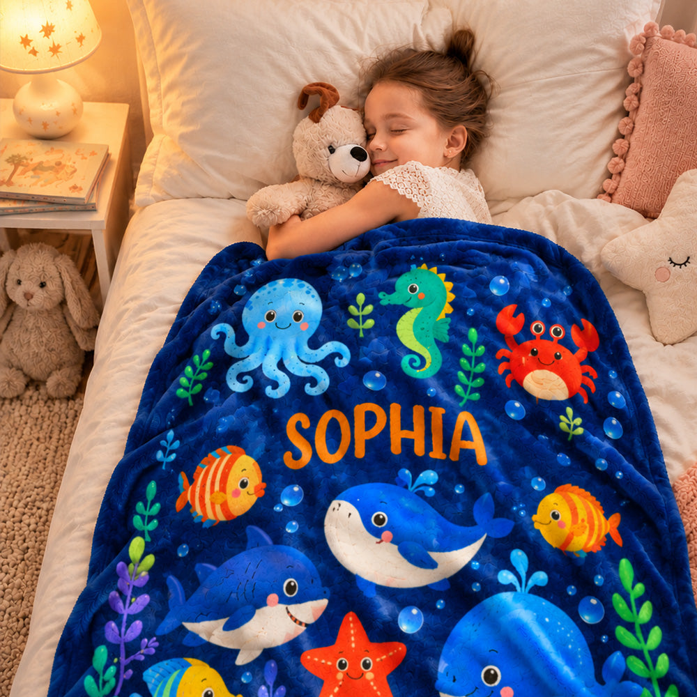 Personalized Whimsical Cartoon &amp; Animal Themes Blanket Custom Name Soft Throw Blanket for Kids