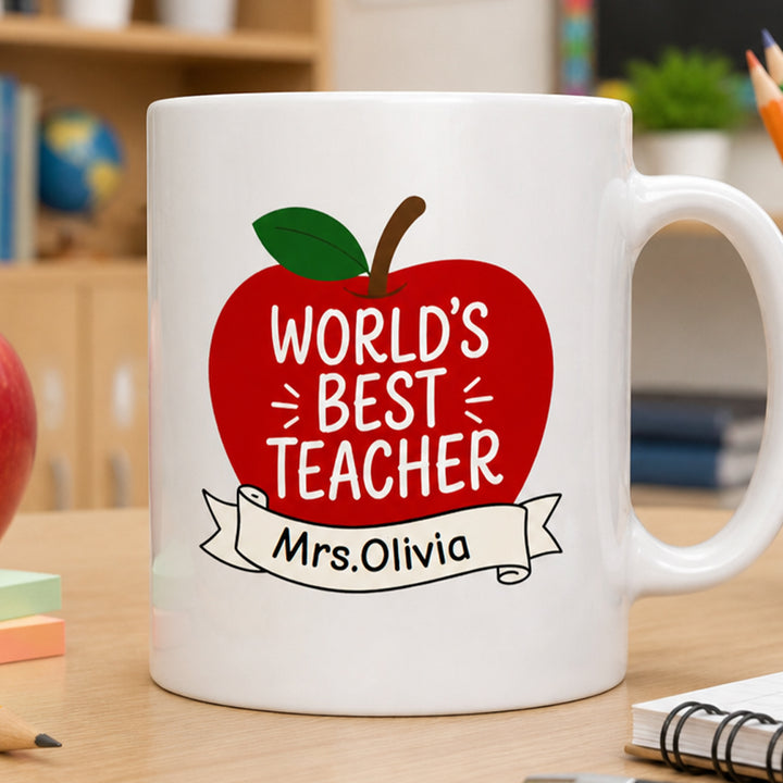 Personalized Worlds Best Teacher Apple Mug Custom Name Teacher Appreciation Gift from Student Back to School 11oz Cup