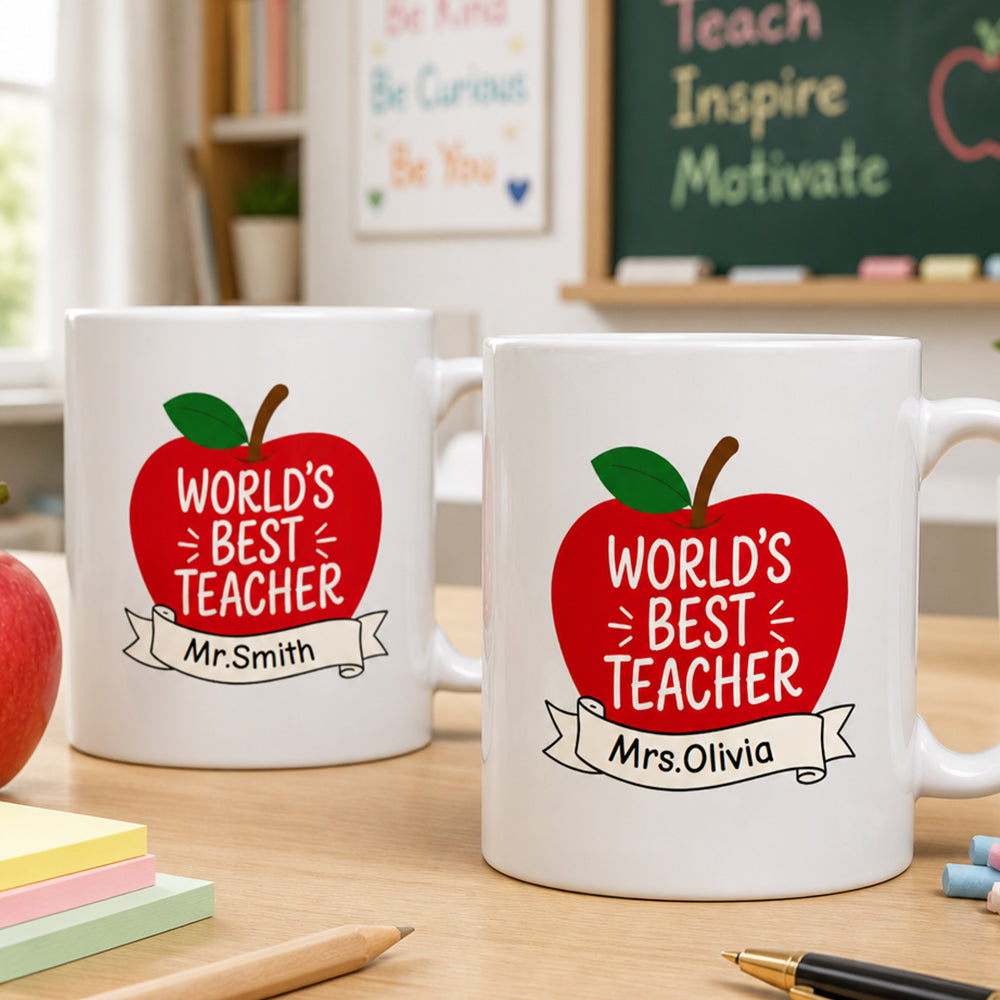 Personalized Worlds Best Teacher Apple Mug Custom Name Teacher Appreciation Gift from Student Back to School 11oz Cup