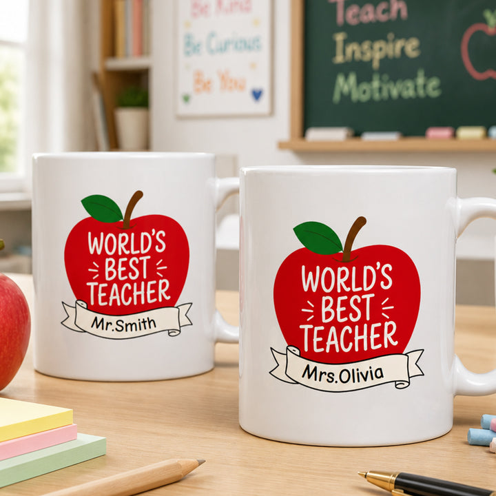Personalized Worlds Best Teacher Apple Mug Custom Name Teacher Appreciation Gift from Student Back to School 11oz Cup