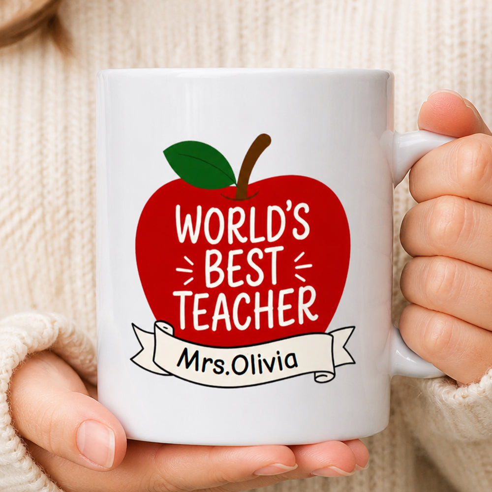 Personalized Worlds Best Teacher Apple Mug Custom Name Teacher Appreciation Gift from Student Back to School 11oz Cup
