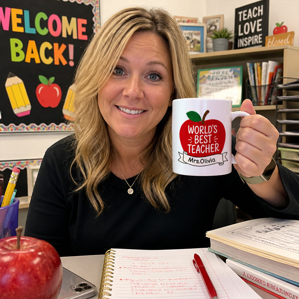 Personalized Worlds Best Teacher Apple Mug Custom Name Teacher Appreciation Gift from Student Back to School 11oz Cup