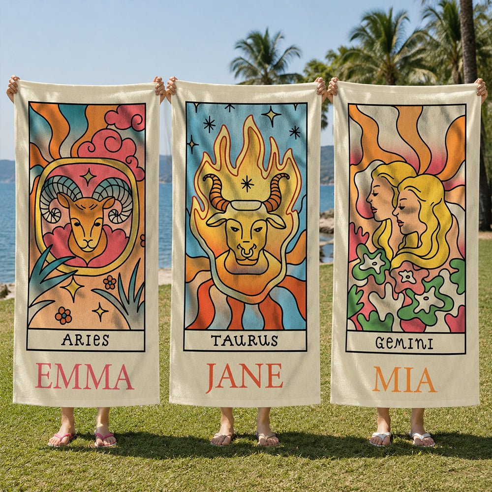Personalized Zodiac Beach Towel Custom Horoscope Star Sign Pool Towel Birthday Gift for Astrology Lovers