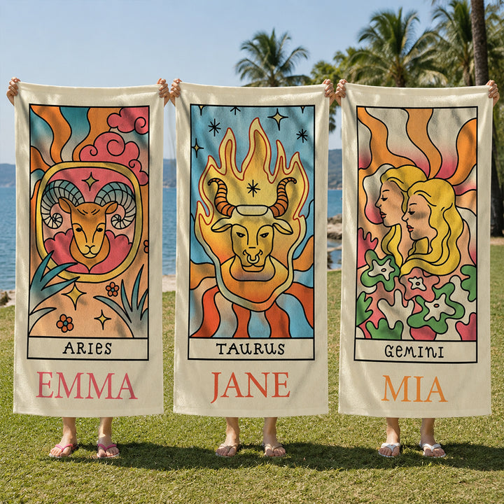 Personalized Zodiac Beach Towel Custom Horoscope Star Sign Pool Towel Birthday Gift for Astrology Lovers