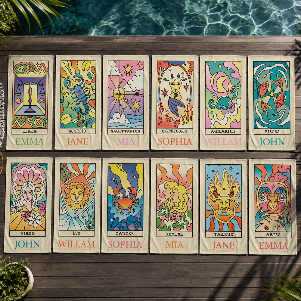 Personalized Zodiac Beach Towel Custom Horoscope Star Sign Pool Towel Birthday Gift for Astrology Lovers