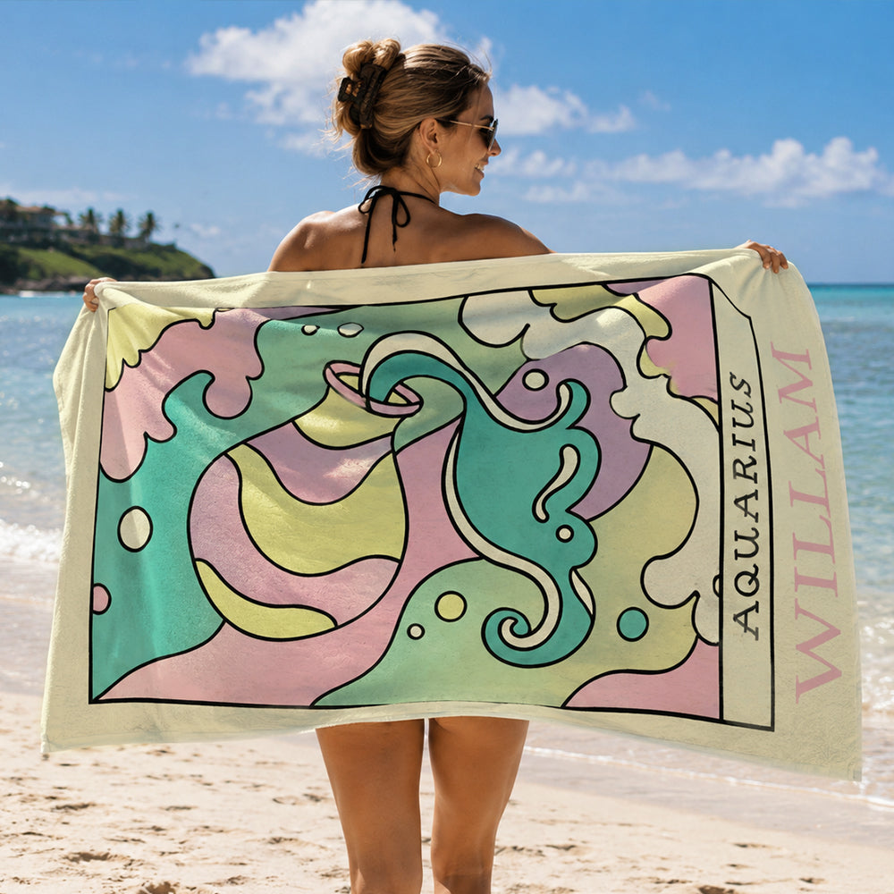 Personalized Zodiac Beach Towel Custom Horoscope Star Sign Pool Towel Birthday Gift for Astrology Lovers