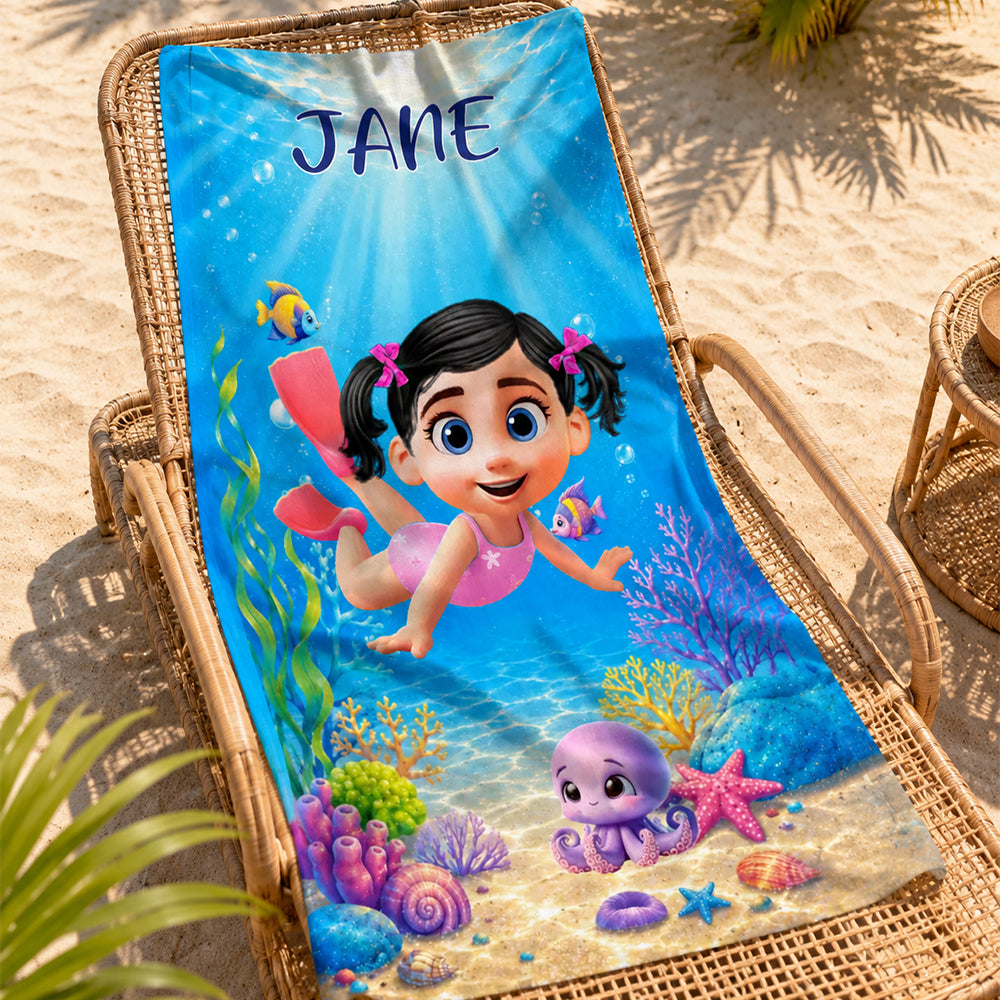 Personalized 3D Ocean Animal Character Beach Towel with Custom Name Oversized Quick-Dry Microfiber Towel for Kids Adults Beach Party Gift