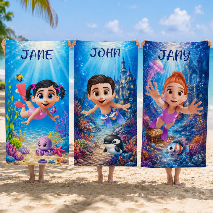 Personalized 3D Ocean Animal Character Beach Towel with Custom Name Oversized Quick-Dry Microfiber Towel for Kids Adults Beach Party Gift