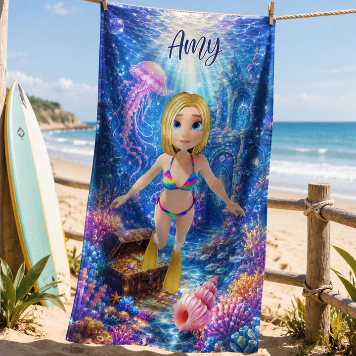 Personalized 3D Ocean Animal Character Beach Towel with Custom Name Oversized Quick-Dry Microfiber Towel for Kids Adults Beach Party Gift