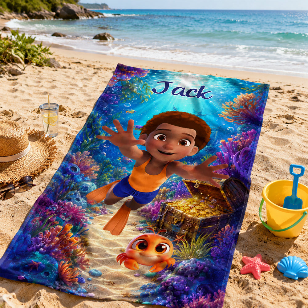 Personalized 3D Ocean Animal Character Beach Towel with Custom Name Oversized Quick-Dry Microfiber Towel for Kids Adults Beach Party Gift