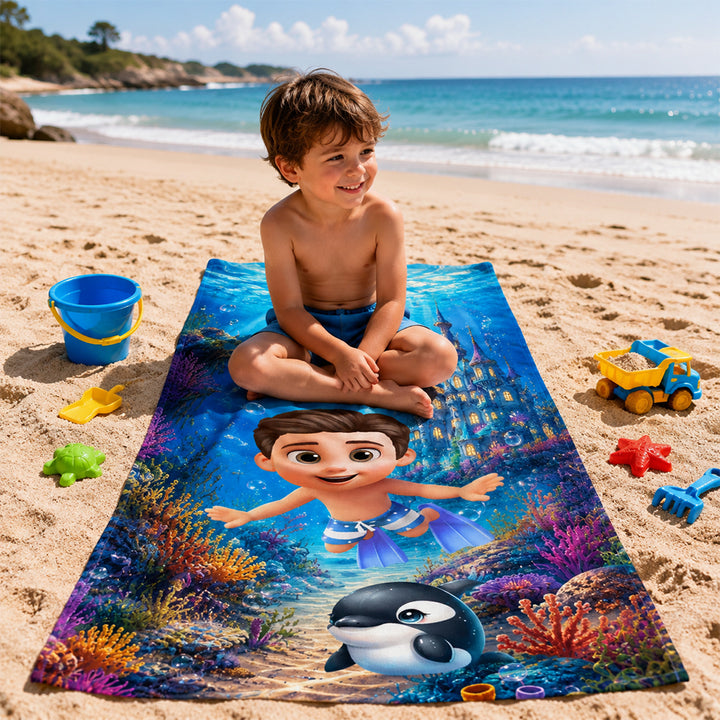 Personalized 3D Ocean Animal Character Beach Towel with Custom Name Oversized Quick-Dry Microfiber Towel for Kids Adults Beach Party Gift