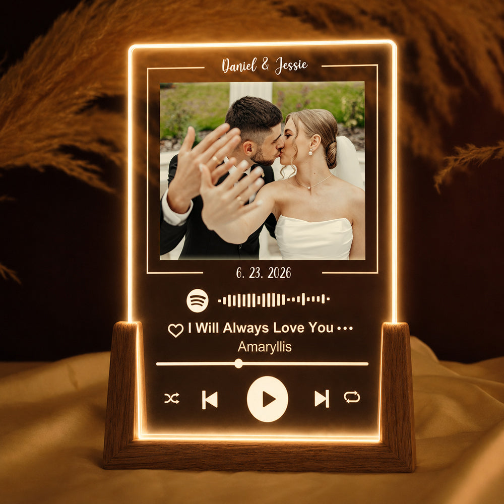 Personalized Acrylic Spotify Song Plaque Custom Photo Text Music Gift with Optional Three Color LED Wooden Base Gift for Couples
