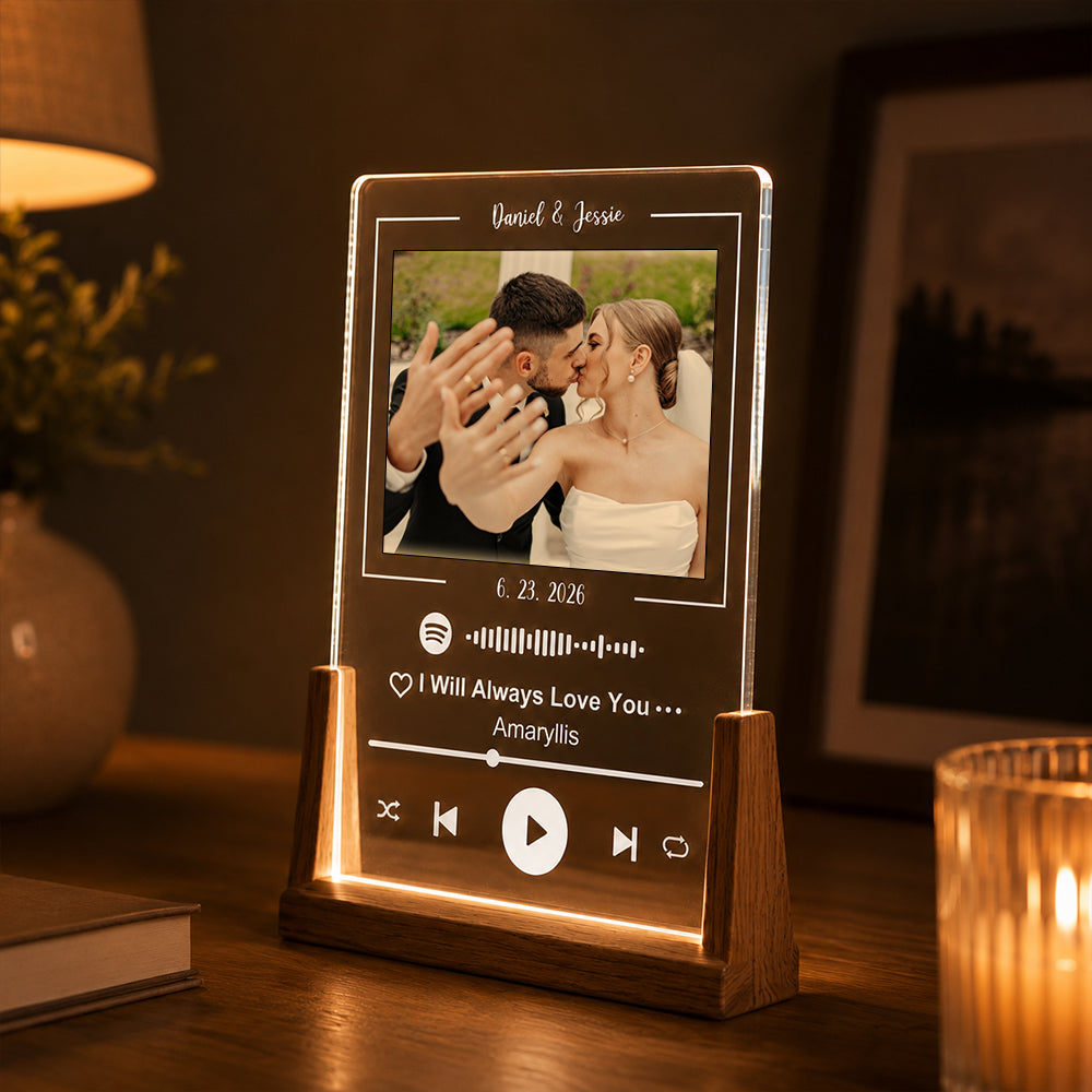 Personalized Acrylic Spotify Song Plaque Custom Photo Text Music Gift with Optional Three Color LED Wooden Base Gift for Couples