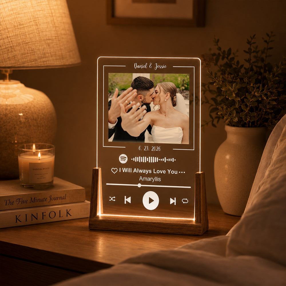 Personalized Acrylic Spotify Song Plaque Custom Photo Text Music Gift with Optional Three Color LED Wooden Base Gift for Couples