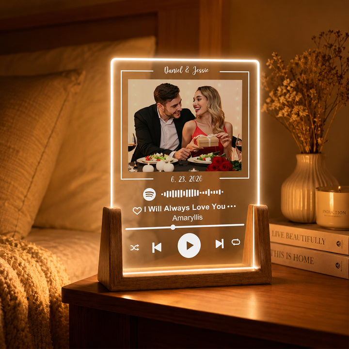 Personalized Acrylic Spotify Song Plaque Custom Photo Text Music Gift with Optional Three Color LED Wooden Base Gift for Couples