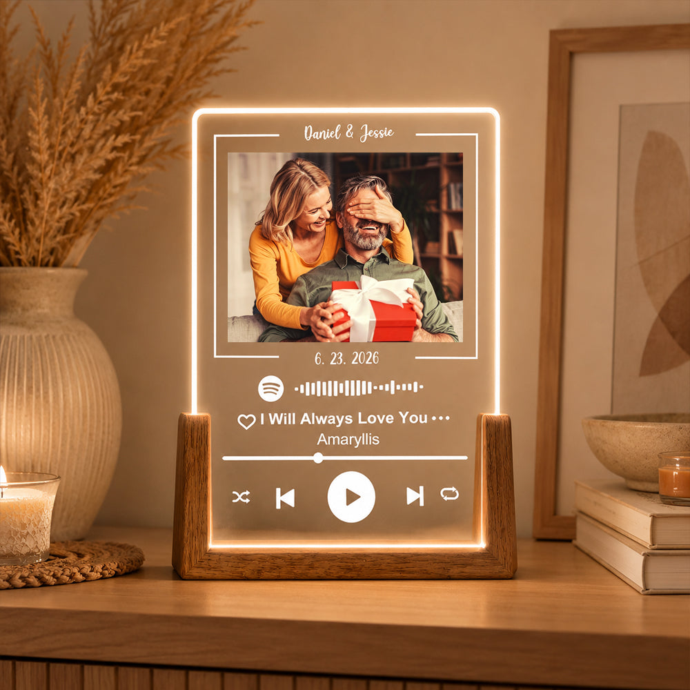 Personalized Acrylic Spotify Song Plaque Custom Photo Text Music Gift with Optional Three Color LED Wooden Base Gift for Couples