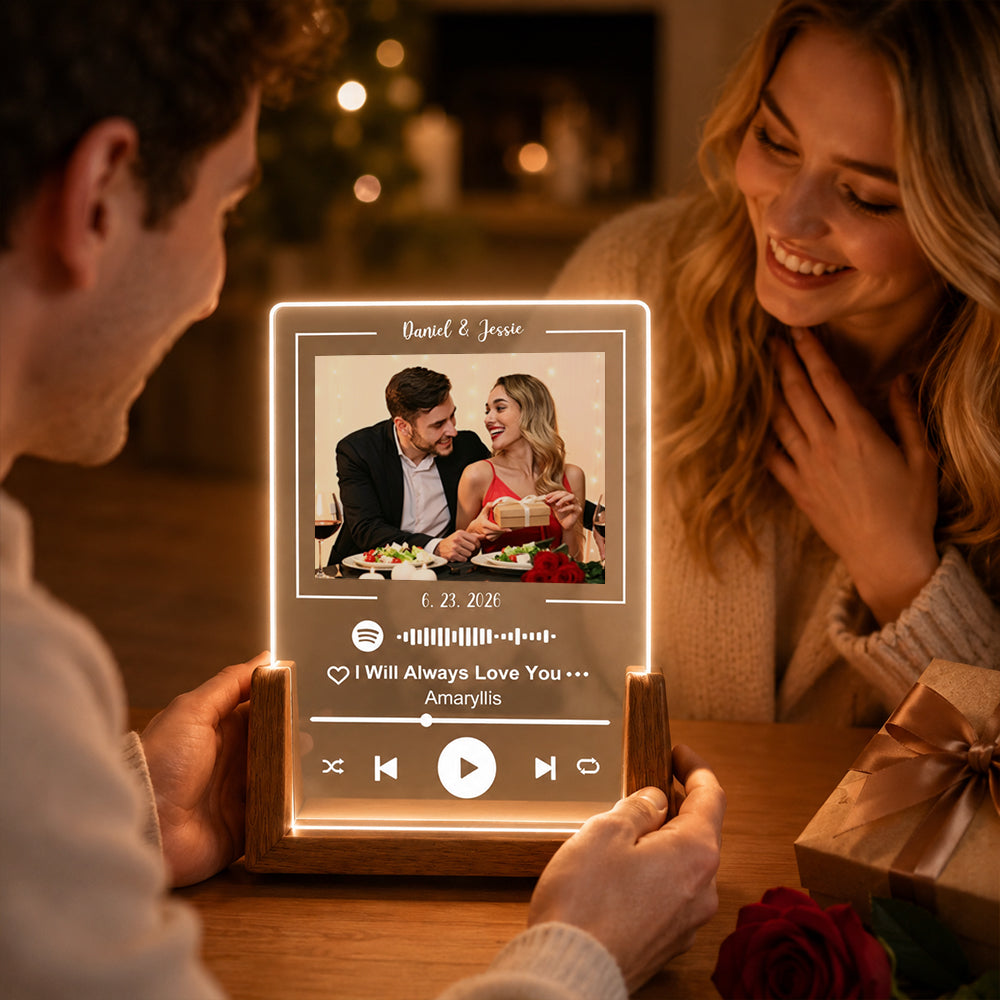 Personalized Acrylic Spotify Song Plaque Custom Photo Text Music Gift with Optional Three Color LED Wooden Base Gift for Couples