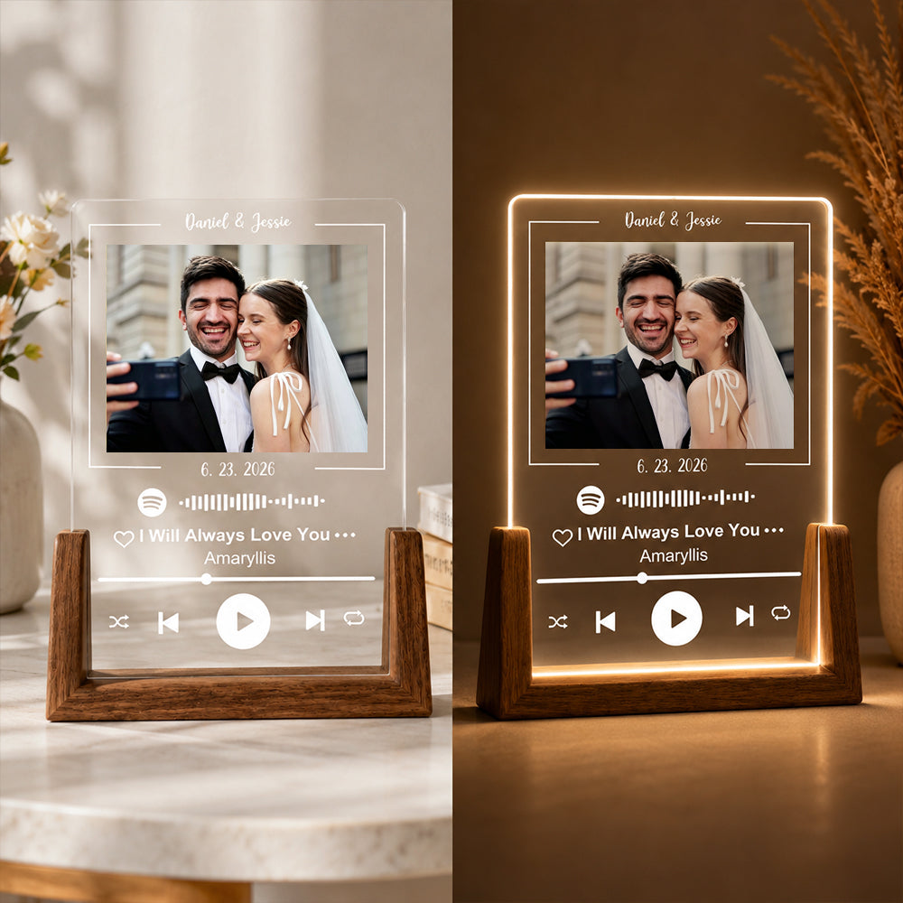 Personalized Acrylic Spotify Song Plaque Custom Photo Text Music Gift with Optional Three Color LED Wooden Base Gift for Couples