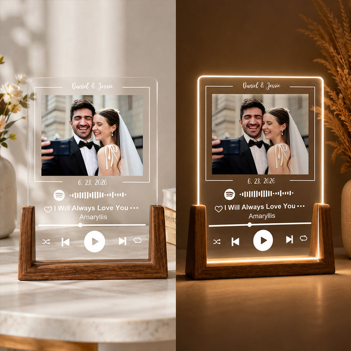 Personalized Acrylic Spotify Song Plaque Custom Photo Text Music Gift with Optional Three Color LED Wooden Base Gift for Couples