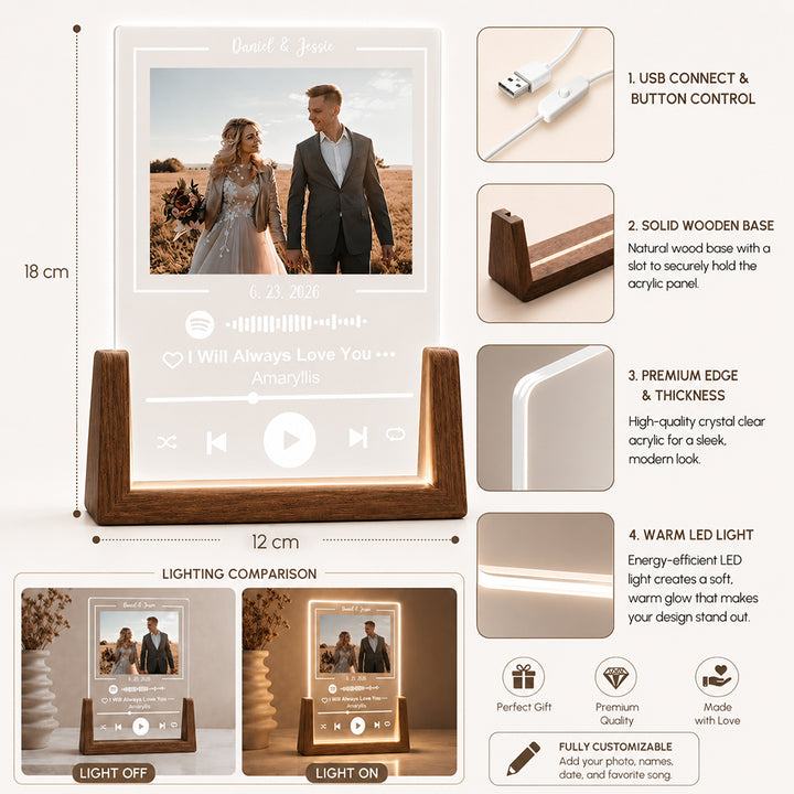 Personalized Acrylic Spotify Song Plaque Custom Photo Text Music Gift with Optional Three Color LED Wooden Base Gift for Couples