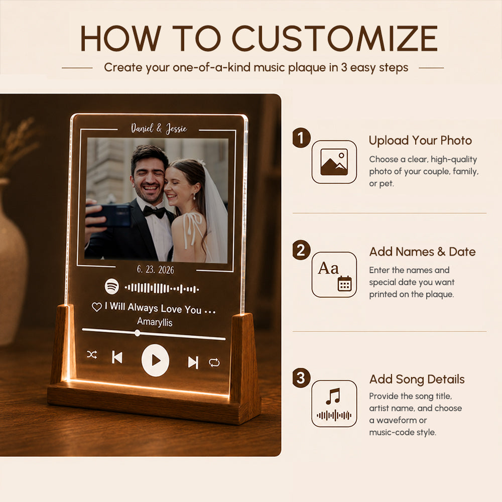 Personalized Acrylic Spotify Song Plaque Custom Photo Text Music Gift with Optional Three Color LED Wooden Base Gift for Couples