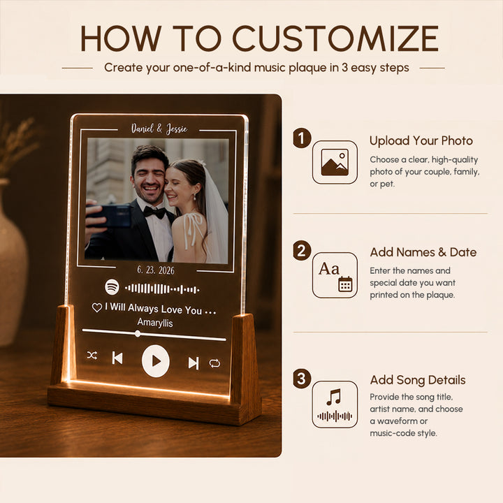 Personalized Acrylic Spotify Song Plaque Custom Photo Text Music Gift with Optional Three Color LED Wooden Base Gift for Couples