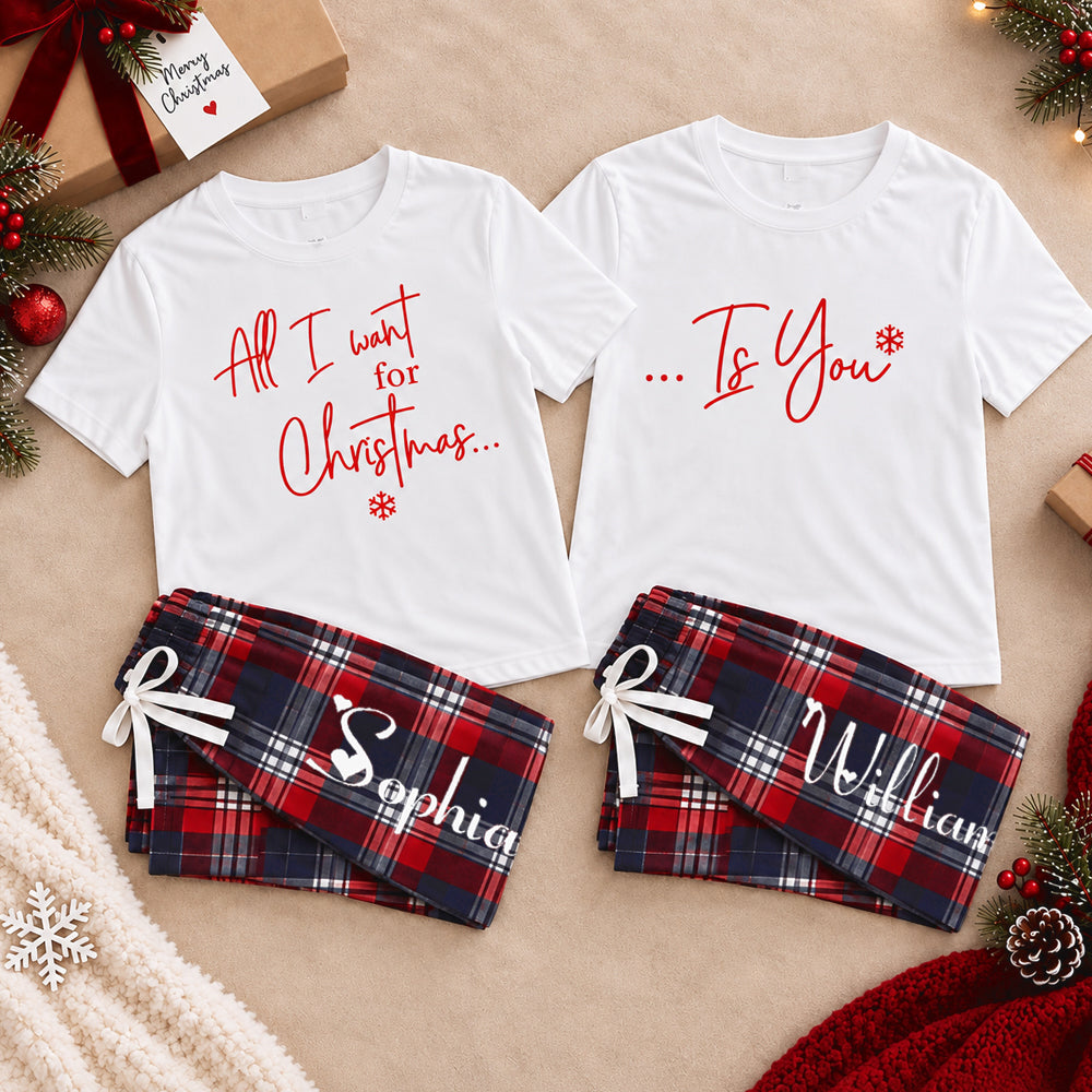 Personalized All I Want for Christmas Couples Pajama Set Custom Matching Holiday Sleepwear with Names Cozy Christmas Gift for Couples