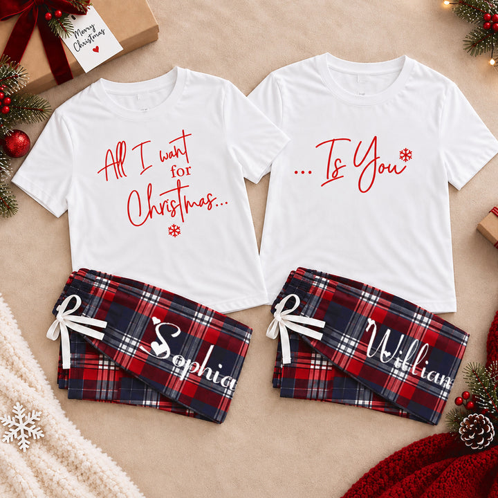 Personalized All I Want for Christmas Couples Pajama Set Custom Matching Holiday Sleepwear with Names Cozy Christmas Gift for Couples
