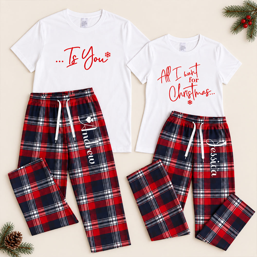 Personalized All I Want for Christmas Couples Pajama Set Custom Matching Holiday Sleepwear with Names Cozy Christmas Gift for Couples