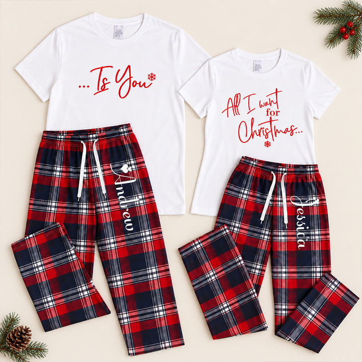 Personalized All I Want for Christmas Couples Pajama Set Custom Matching Holiday Sleepwear with Names Cozy Christmas Gift for Couples