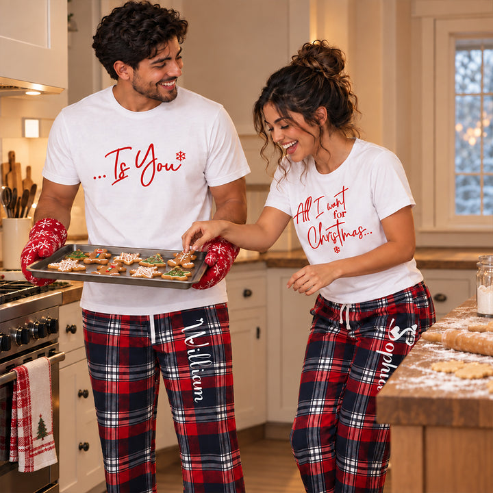 Personalized All I Want for Christmas Couples Pajama Set Custom Matching Holiday Sleepwear with Names Cozy Christmas Gift for Couples