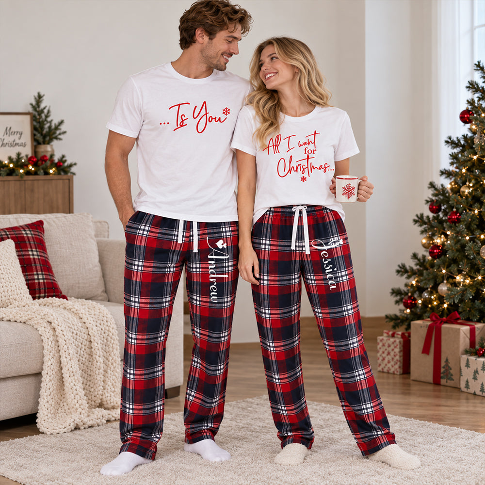 Personalized All I Want for Christmas Couples Pajama Set Custom Matching Holiday Sleepwear with Names Cozy Christmas Gift for Couples