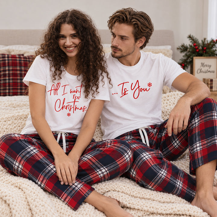 Personalized All I Want for Christmas Couples Pajama Set Custom Matching Holiday Sleepwear with Names Cozy Christmas Gift for Couples