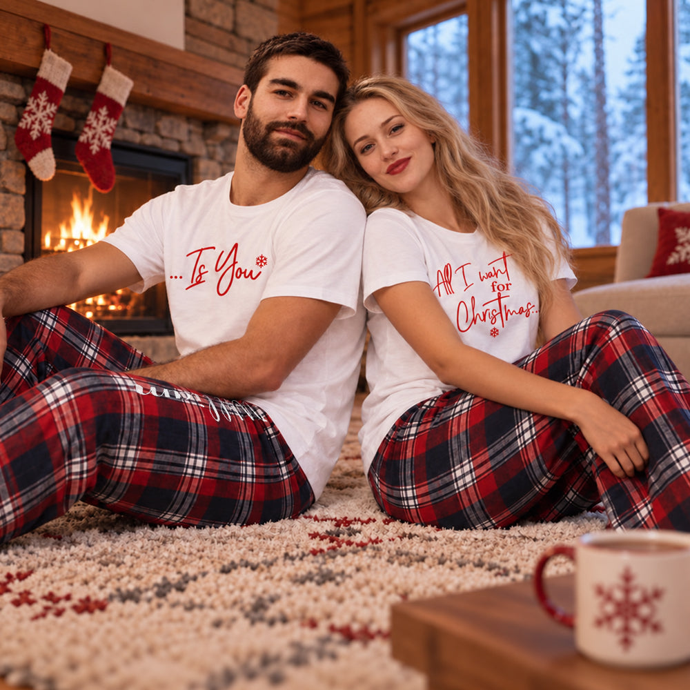 Personalized All I Want for Christmas Couples Pajama Set Custom Matching Holiday Sleepwear with Names Cozy Christmas Gift for Couples