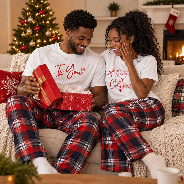 Personalized All I Want for Christmas Couples Pajama Set Custom Matching Holiday Sleepwear with Names Cozy Christmas Gift for Couples