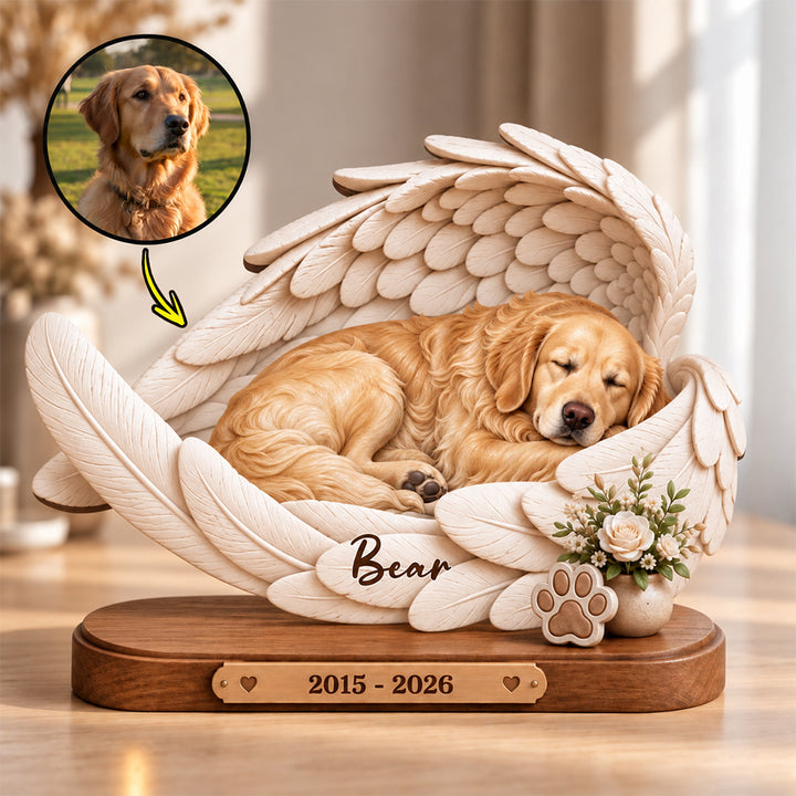 Personalized Angel Wings Paw Print Floral Pet Photo Wooden Plaque with Name and Date Round Pet Memorial Keepsake Gift for Pet Lovers Owners