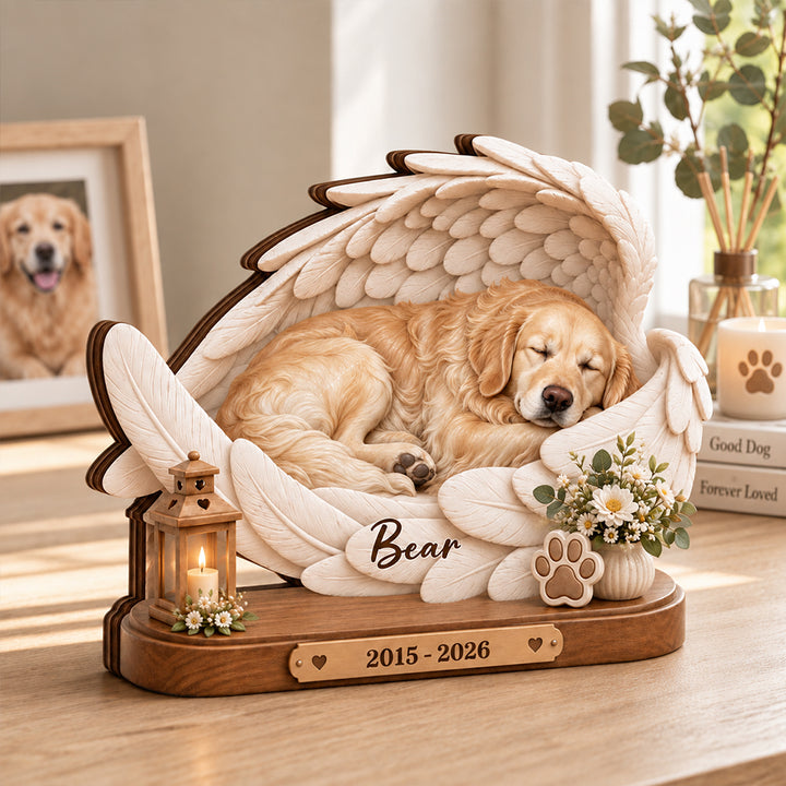 Personalized Angel Wings Paw Print Floral Pet Photo Wooden Plaque with Name and Date Round Pet Memorial Keepsake Gift for Pet Lovers Owners
