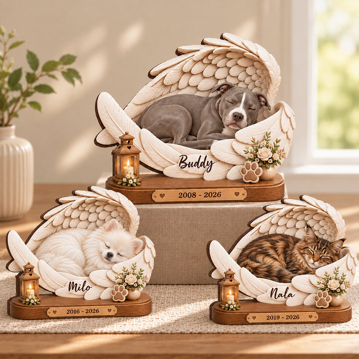 Personalized Angel Wings Paw Print Floral Pet Photo Wooden Plaque with Name and Date Round Pet Memorial Keepsake Gift for Pet Lovers Owners