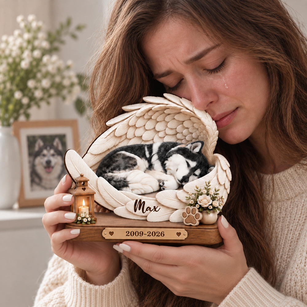 Personalized Angel Wings Paw Print Floral Pet Photo Wooden Plaque with Name and Date Round Pet Memorial Keepsake Gift for Pet Lovers Owners