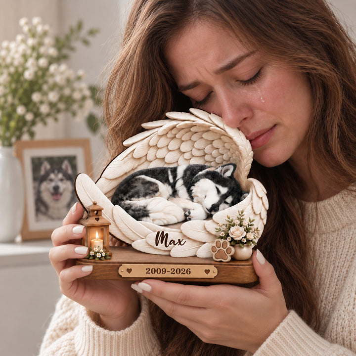 Personalized Angel Wings Paw Print Floral Pet Photo Wooden Plaque with Name and Date Round Pet Memorial Keepsake Gift for Pet Lovers Owners