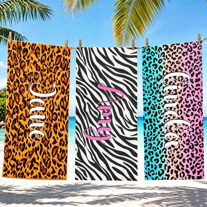 Personalized Animal Print Beach Towel Summer Vacation Gift Custom Name Pool Towel