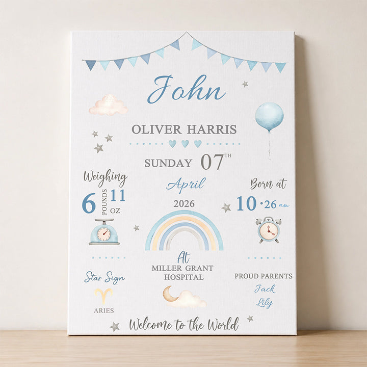 Personalized Baby Birth Stats Canvas Print with Newborn Name and Details Wall Art Baby Shower Gift for New Parents