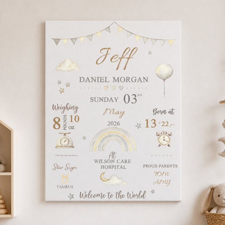 Personalized Baby Birth Stats Canvas Print with Newborn Name and Details Wall Art Baby Shower Gift for New Parents