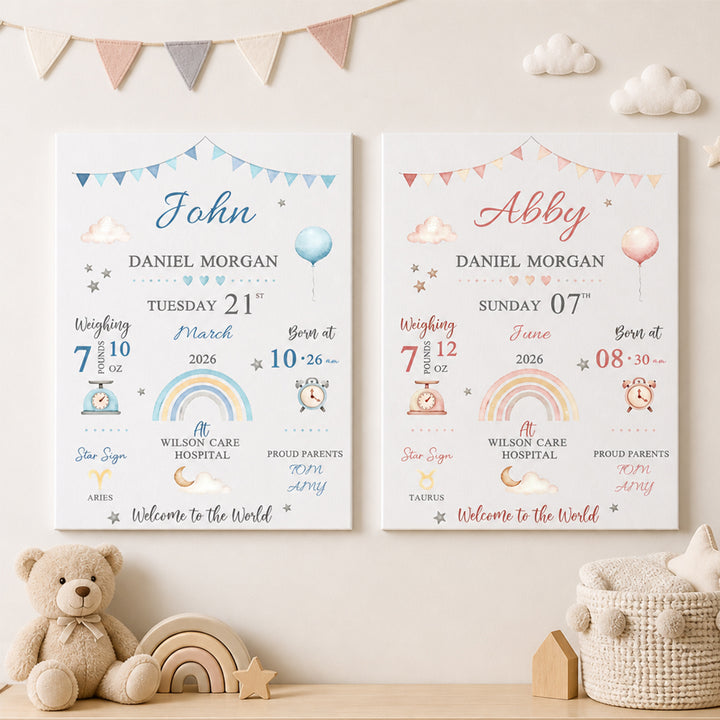 Personalized Baby Birth Stats Canvas Print with Newborn Name and Details Wall Art Baby Shower Gift for New Parents
