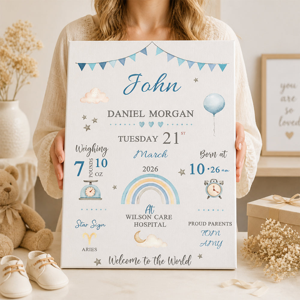Personalized Baby Birth Stats Canvas Print with Newborn Name and Details Wall Art Baby Shower Gift for New Parents